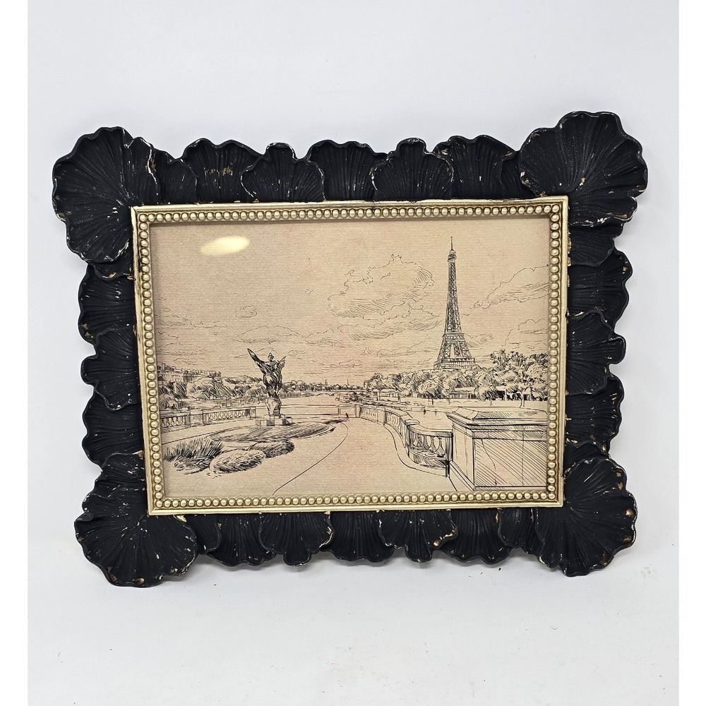 Paris Eiffel Tower ink sketch framed art black gold ornate scalloped frame